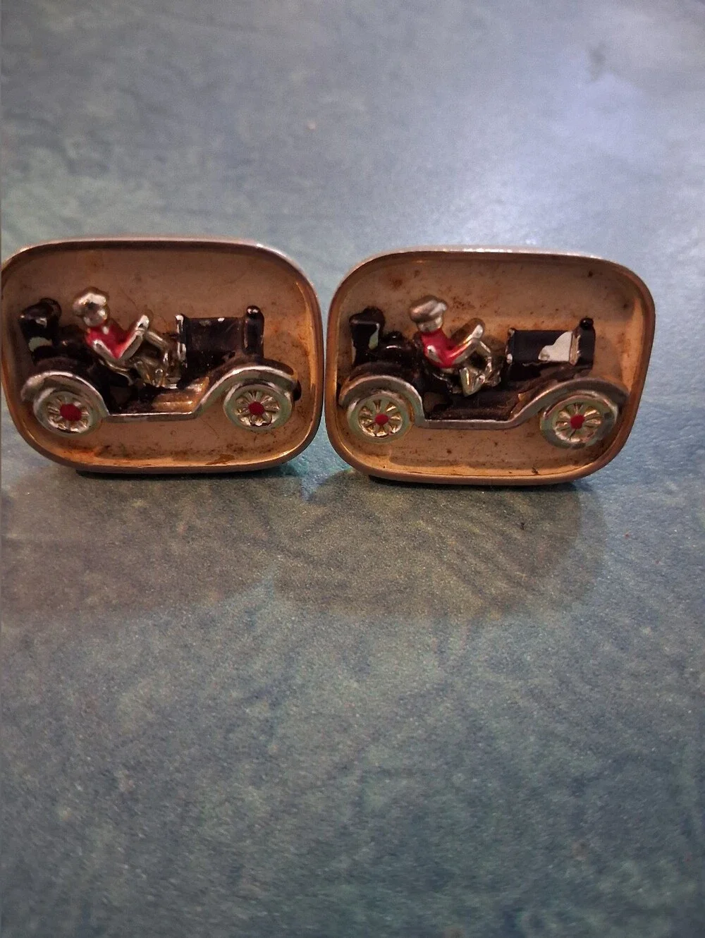 Swank Vintage Car Motif Cufflinks in Gold Tone with Enamel Detail